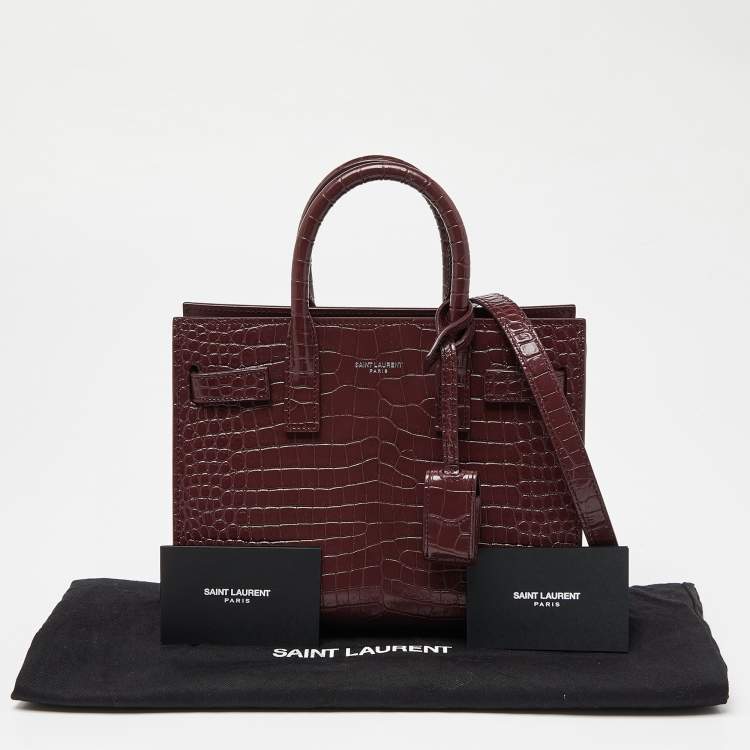 Pre Owned Saint Laurent Burgundy Croc Embossed Leather Nano Classic Sac De Jour Tote