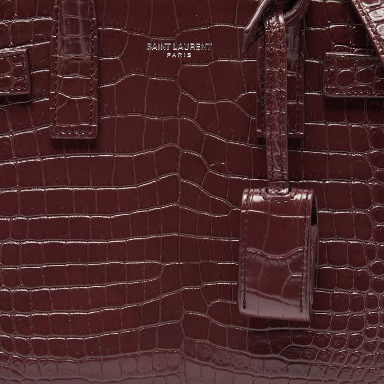 Pre Owned Saint Laurent Burgundy Croc Embossed Leather Nano Classic Sac De Jour Tote