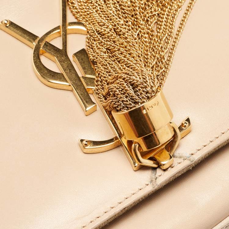 Pre Owned Saint Laurent Beige Leather Kate Tassel Flap Chain Crossbody Bag