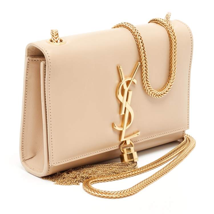 Pre Owned Saint Laurent Beige Leather Kate Tassel Flap Chain Crossbody Bag