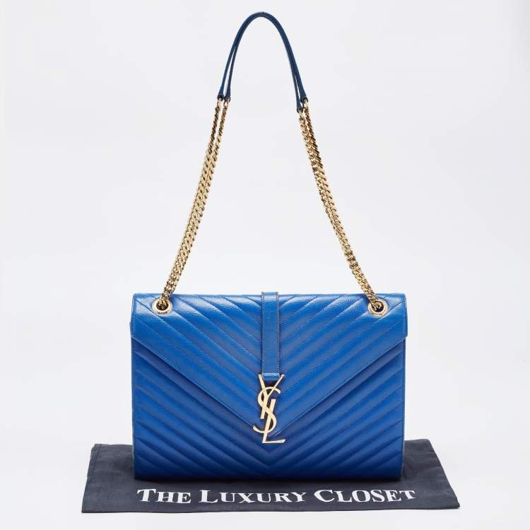 Pre Owned Saint Laurent Blue Matelassé Leather Large Monogram Envelope Shoulder Bag