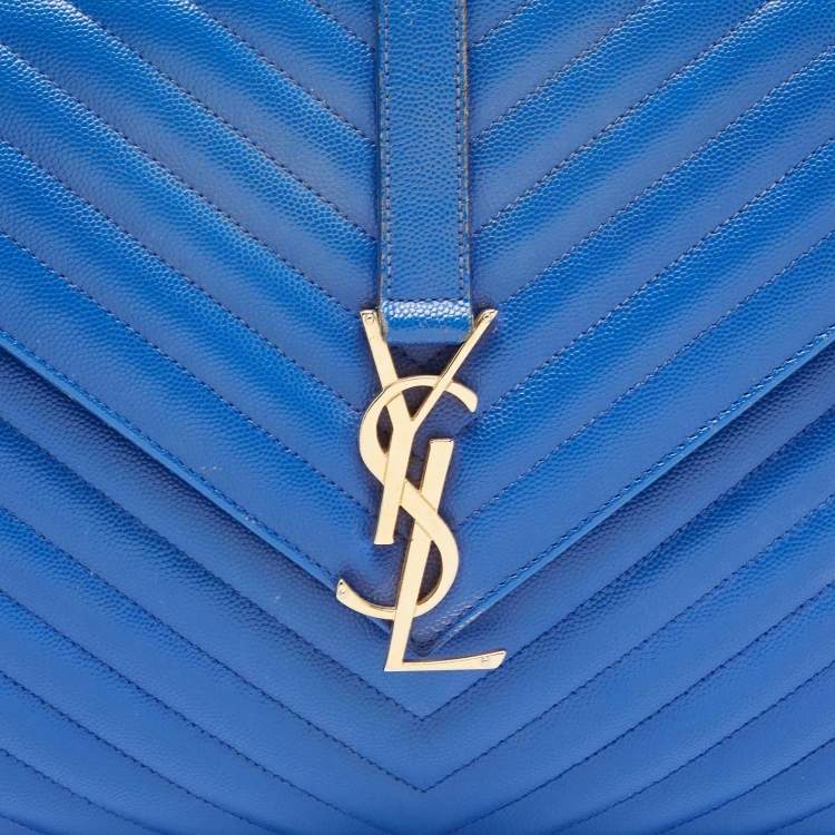 Pre Owned Saint Laurent Blue Matelassé Leather Large Monogram Envelope Shoulder Bag