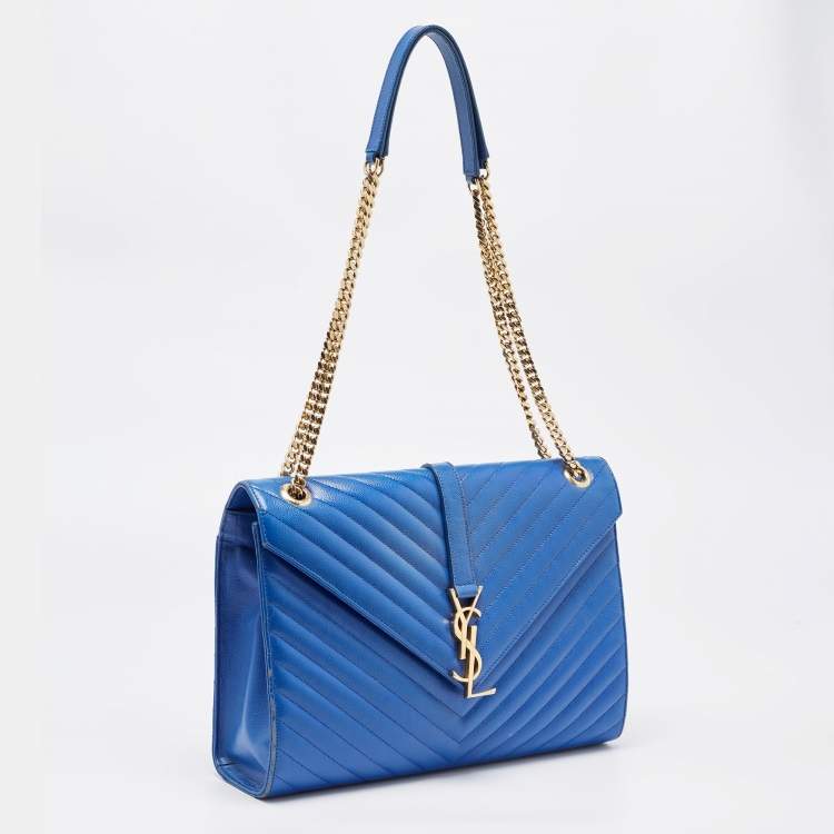 Pre Owned Saint Laurent Blue Matelassé Leather Large Monogram Envelope Shoulder Bag