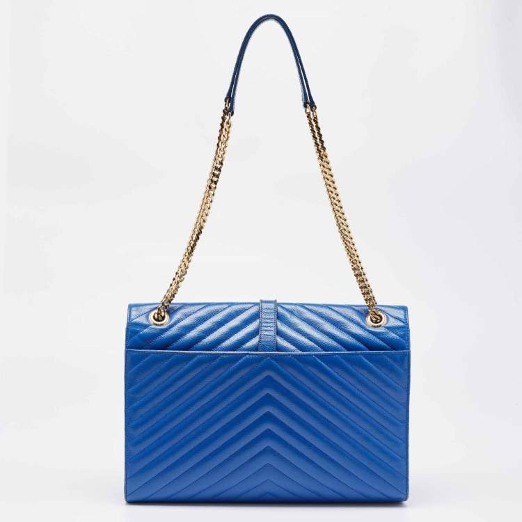 Pre Owned Saint Laurent Blue Matelassé Leather Large Monogram Envelope Shoulder Bag