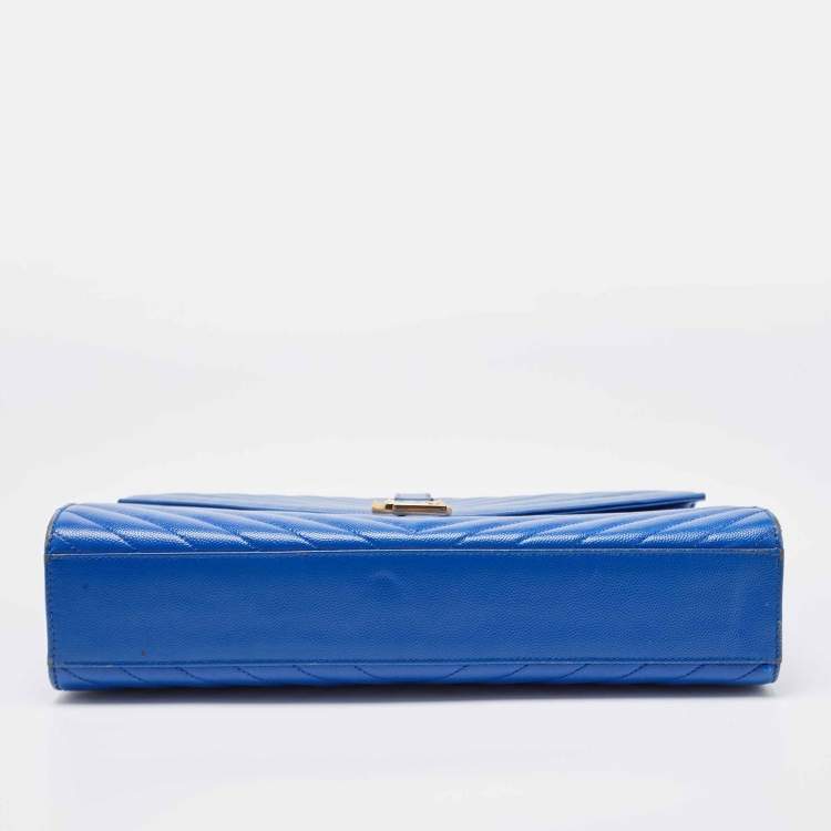 Pre Owned Saint Laurent Blue Matelassé Leather Large Monogram Envelope Shoulder Bag