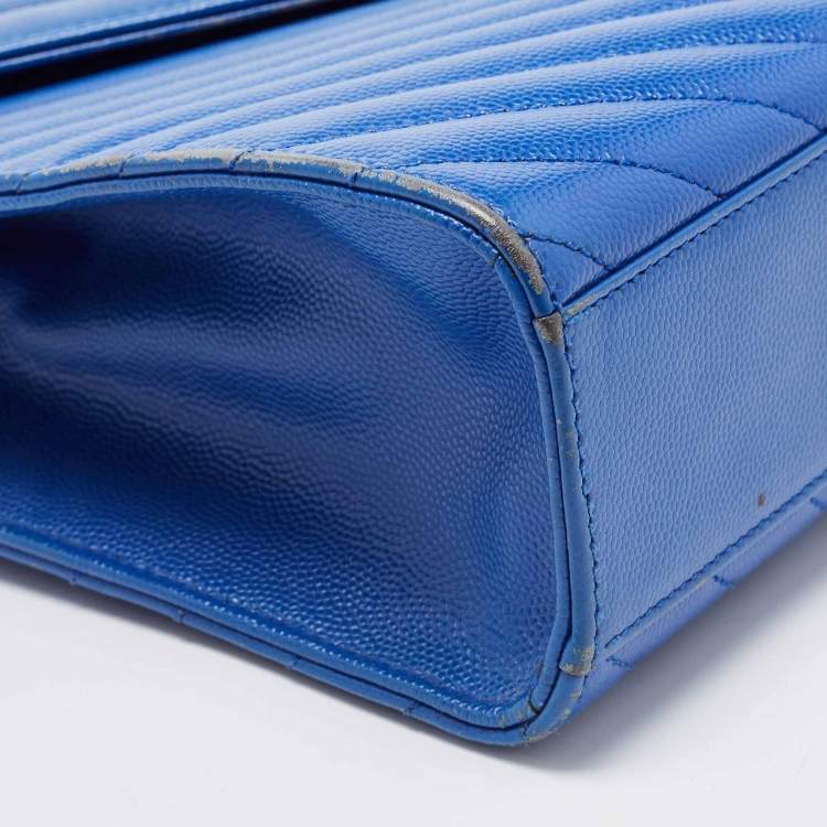 Pre Owned Saint Laurent Blue Matelassé Leather Large Monogram Envelope Shoulder Bag
