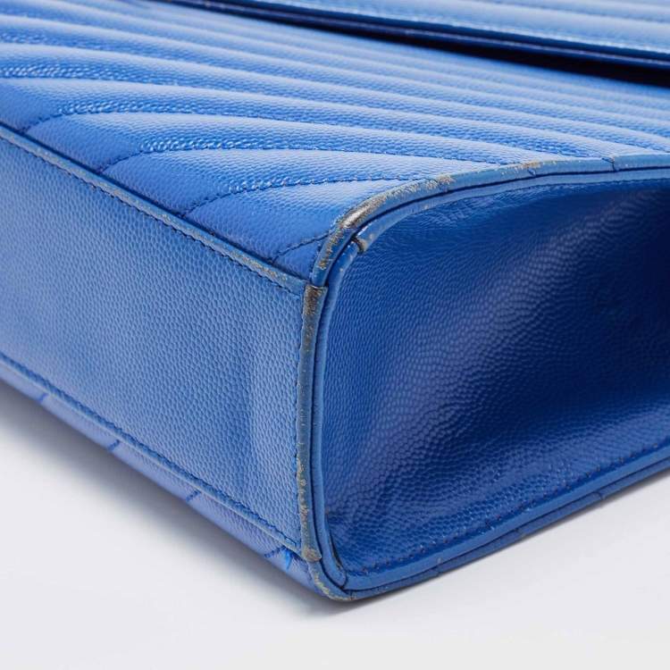 Pre Owned Saint Laurent Blue Matelassé Leather Large Monogram Envelope Shoulder Bag
