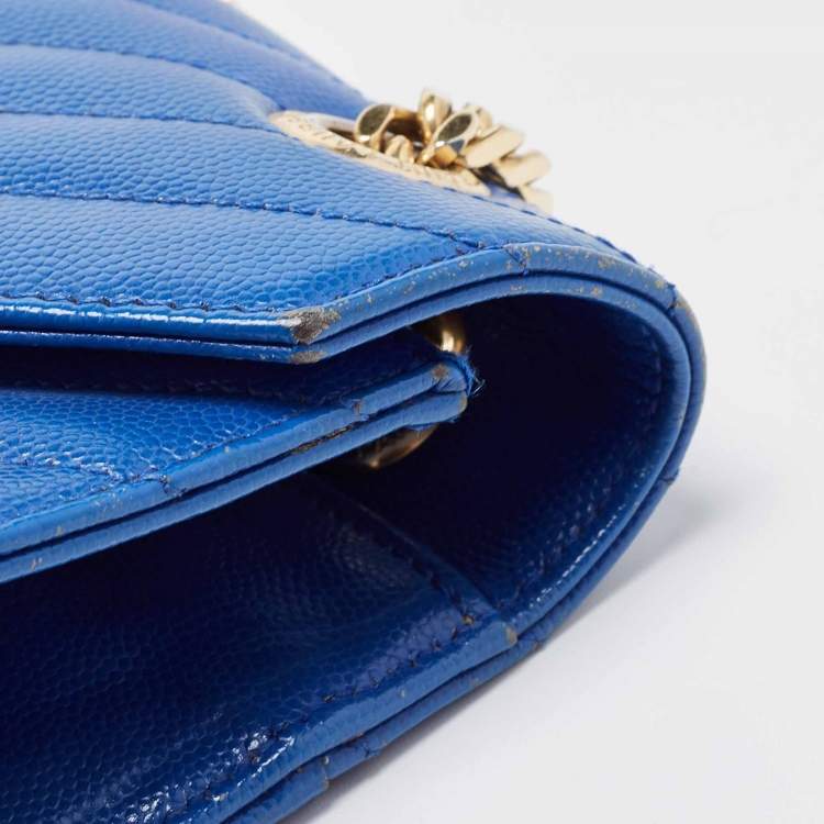 Pre Owned Saint Laurent Blue Matelassé Leather Large Monogram Envelope Shoulder Bag