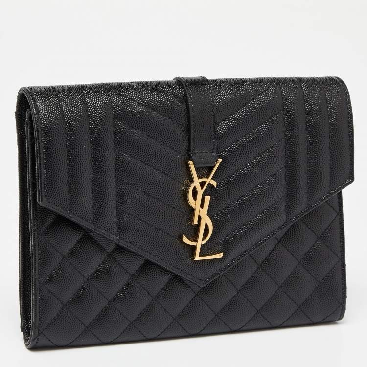 Pre Owned Saint Laurent Black Mix Quilt Leather Monogram Wristlet Pouch