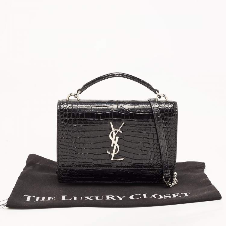 Pre Owned Saint Laurent Black Croc Embossed Leather Sunset Chain Wallet Bag
