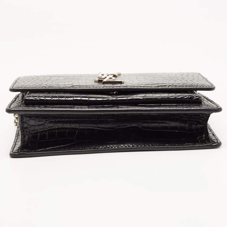 Pre Owned Saint Laurent Black Croc Embossed Leather Sunset Chain Wallet Bag