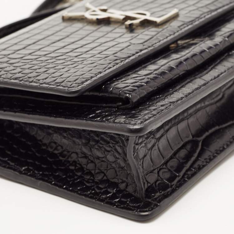 Pre Owned Saint Laurent Black Croc Embossed Leather Sunset Chain Wallet Bag
