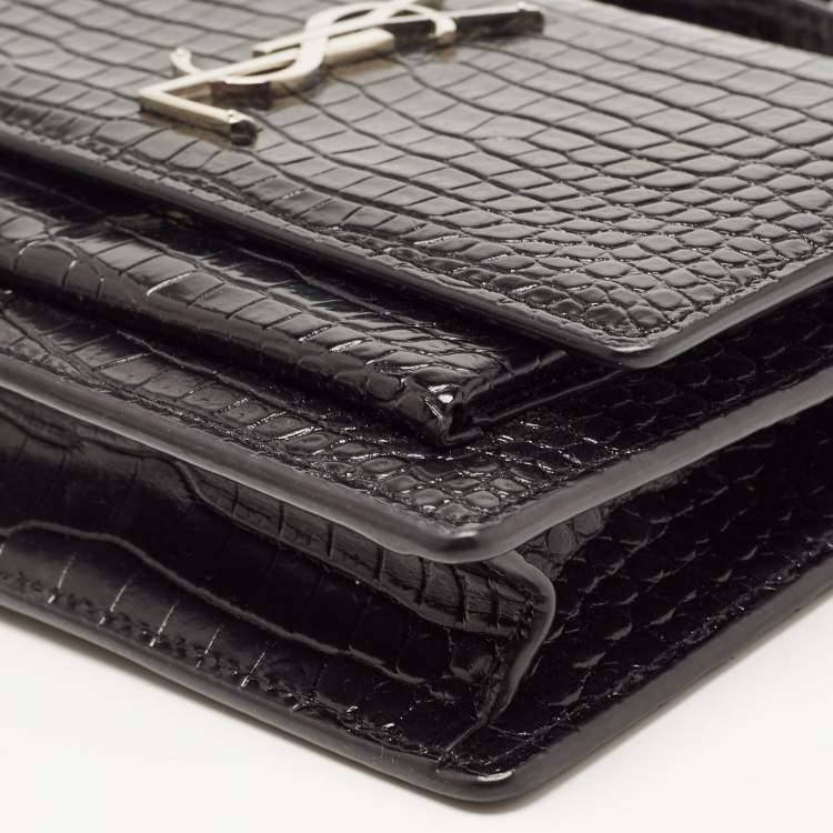 Pre Owned Saint Laurent Black Croc Embossed Leather Sunset Chain Wallet Bag