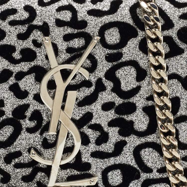 Pre Owned Saint Laurent Black/Silver Leopard Print Leather and Glitter Kate Tassel Flap Chain Crossbody Bag