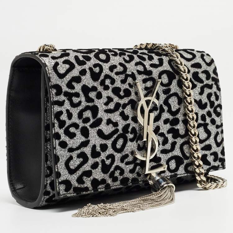 Pre Owned Saint Laurent Black/Silver Leopard Print Leather and Glitter Kate Tassel Flap Chain Crossbody Bag