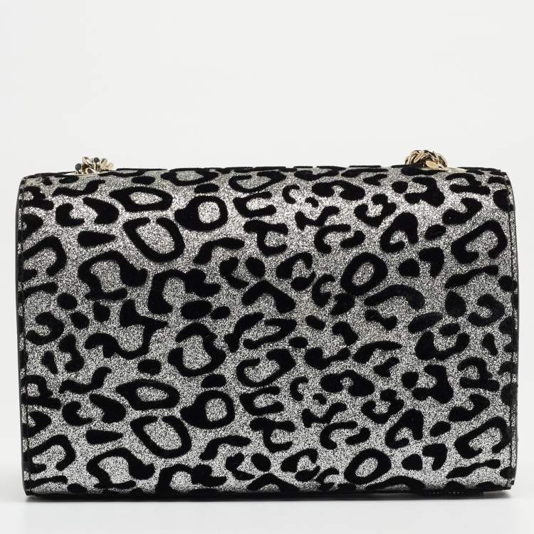 Pre Owned Saint Laurent Black/Silver Leopard Print Leather and Glitter Kate Tassel Flap Chain Crossbody Bag
