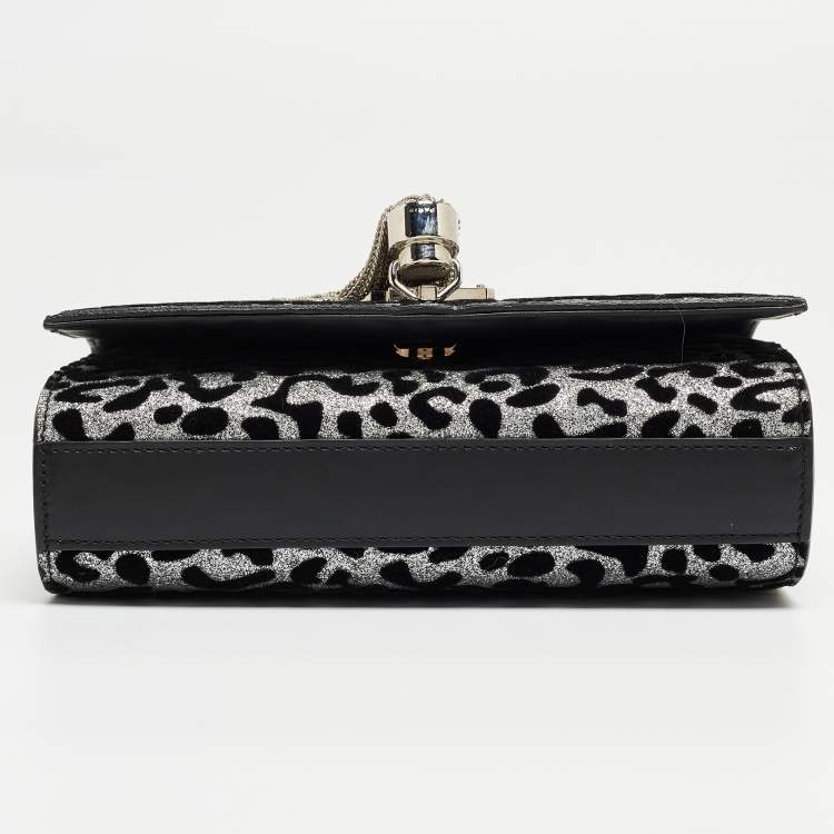 Pre Owned Saint Laurent Black/Silver Leopard Print Leather and Glitter Kate Tassel Flap Chain Crossbody Bag