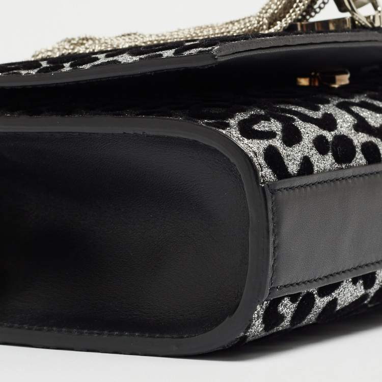 Pre Owned Saint Laurent Black/Silver Leopard Print Leather and Glitter Kate Tassel Flap Chain Crossbody Bag