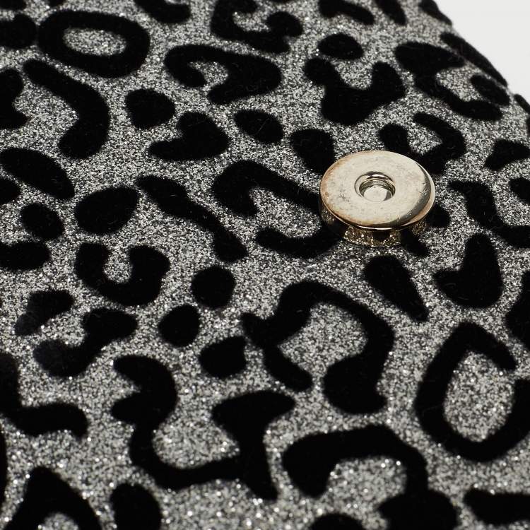 Pre Owned Saint Laurent Black/Silver Leopard Print Leather and Glitter Kate Tassel Flap Chain Crossbody Bag