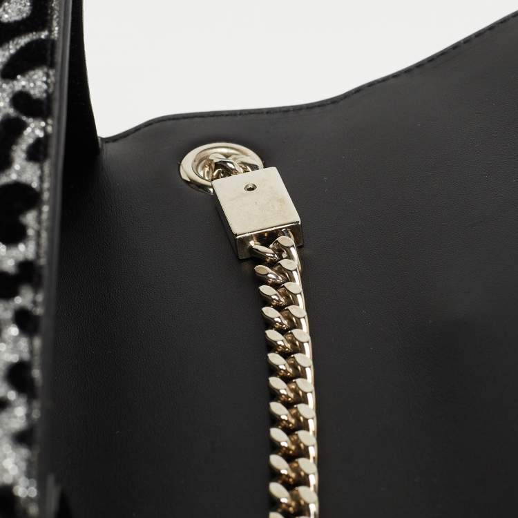 Pre Owned Saint Laurent Black/Silver Leopard Print Leather and Glitter Kate Tassel Flap Chain Crossbody Bag