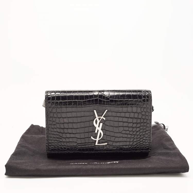 Pre Owned Saint Laurent Black Croc Embossed Leather Kate Belt Bag