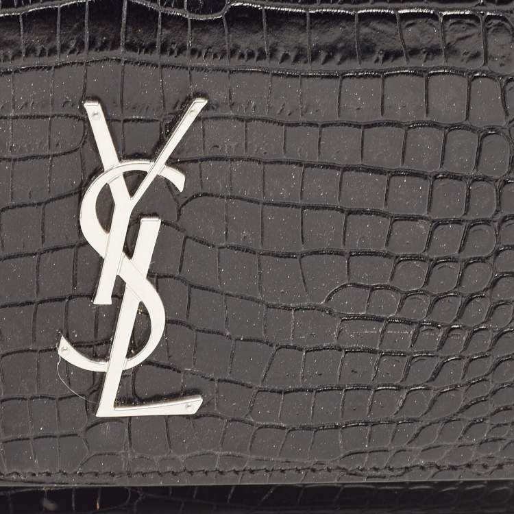 Pre Owned Saint Laurent Black Croc Embossed Leather Kate Belt Bag