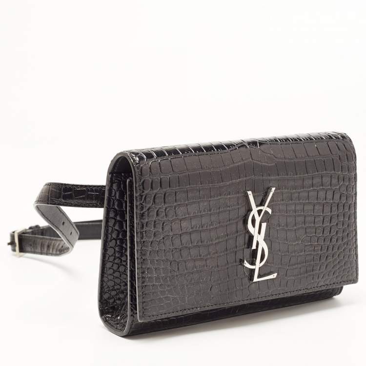 Pre Owned Saint Laurent Black Croc Embossed Leather Kate Belt Bag