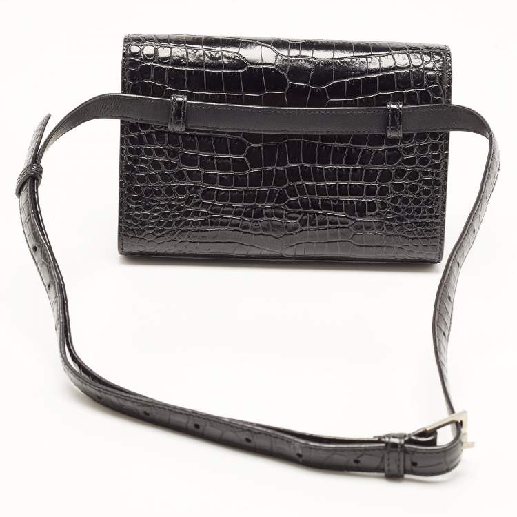 Pre Owned Saint Laurent Black Croc Embossed Leather Kate Belt Bag