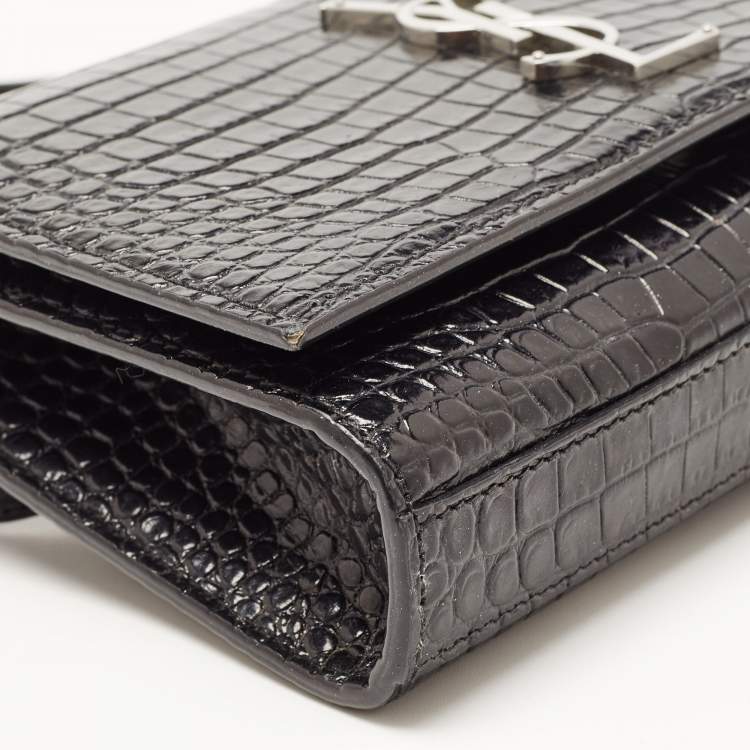 Pre Owned Saint Laurent Black Croc Embossed Leather Kate Belt Bag