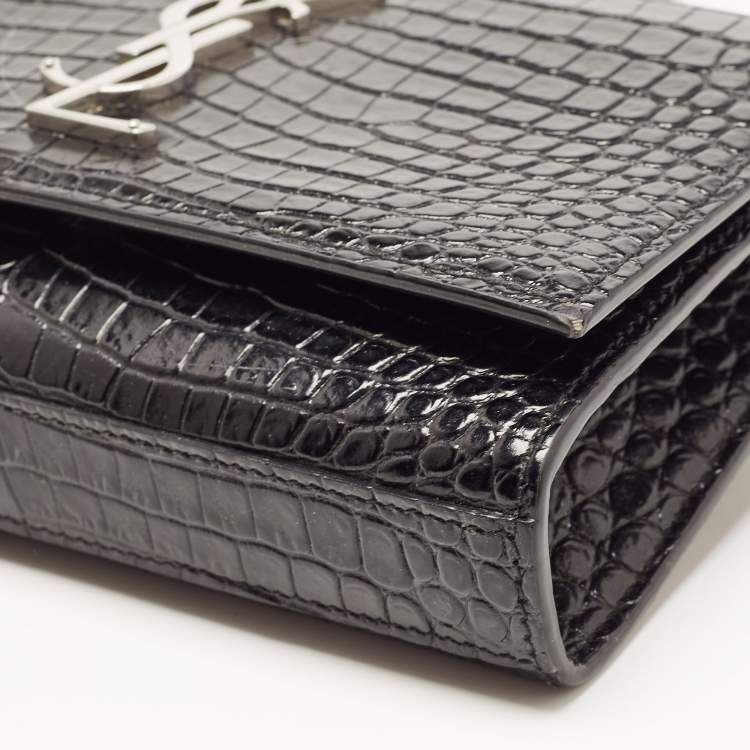 Pre Owned Saint Laurent Black Croc Embossed Leather Kate Belt Bag