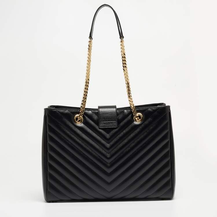Pre Owned Saint Laurent Black Chevron Leather Classic Monogram Shopping Tote