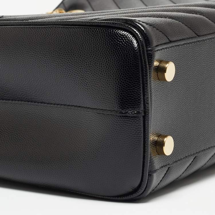 Pre Owned Saint Laurent Black Chevron Leather Classic Monogram Shopping Tote