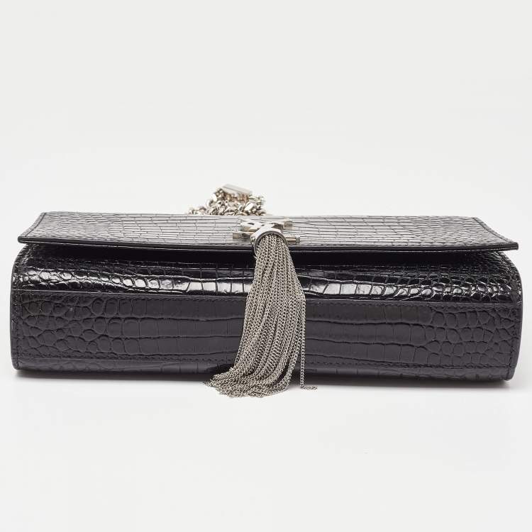 مملوكة مسبقًا Saint Laurent Black Croc Embossed Leather Medium Kate Tassel Shoulder Bag