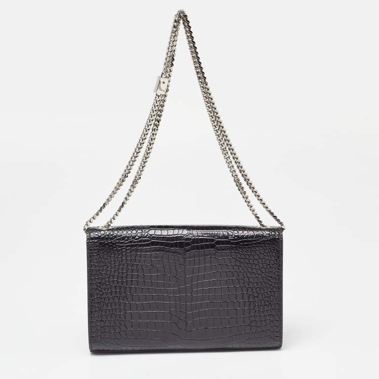 مملوكة مسبقًا Saint Laurent Black Croc Embossed Leather Medium Kate Tassel Shoulder Bag