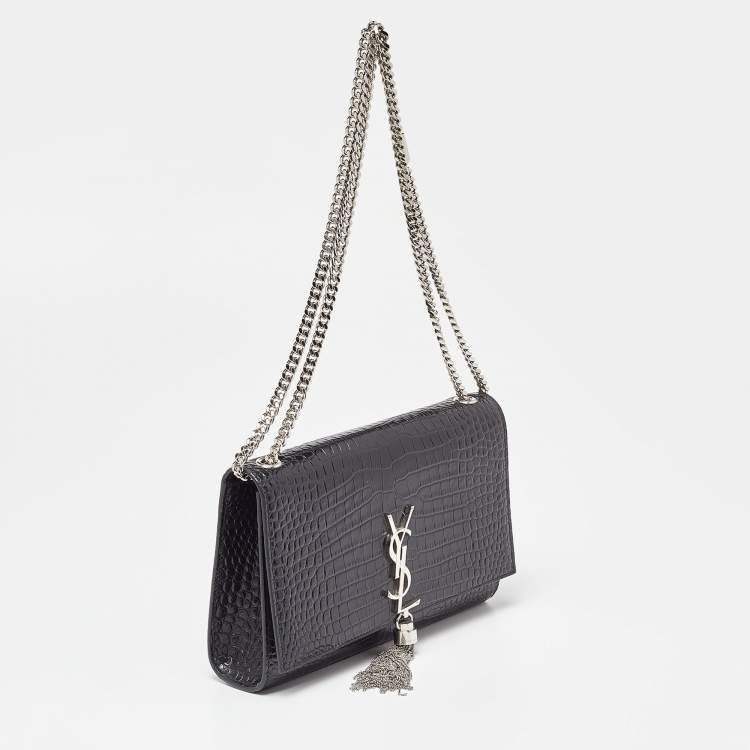 مملوكة مسبقًا Saint Laurent Black Croc Embossed Leather Medium Kate Tassel Shoulder Bag