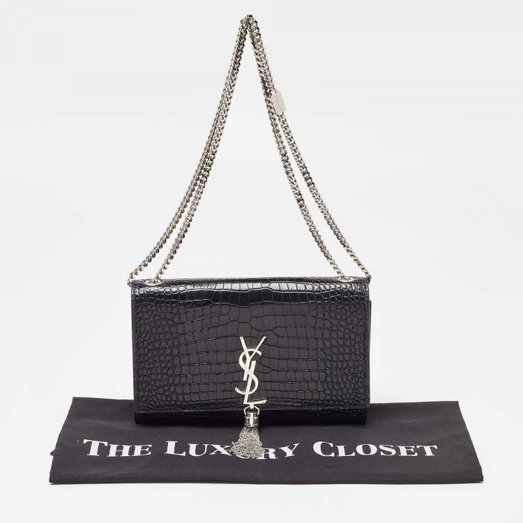 مملوكة مسبقًا Saint Laurent Black Croc Embossed Leather Medium Kate Tassel Shoulder Bag