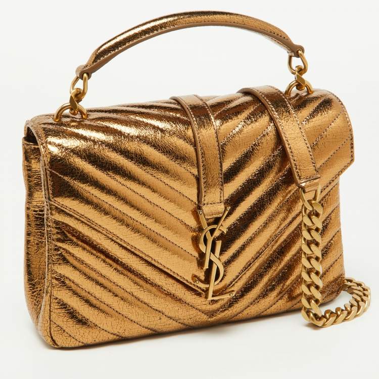 Pre Owned Saint Laurent Gold Matelassé Leather Medium College Top Handle Bag