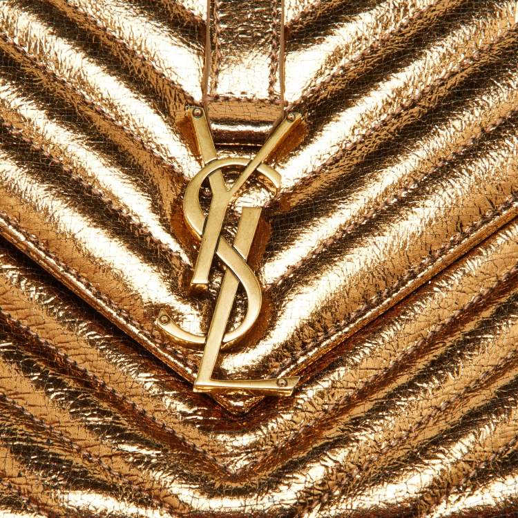 Pre Owned Saint Laurent Gold Matelassé Leather Medium College Top Handle Bag