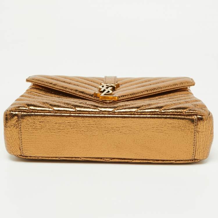 Pre Owned Saint Laurent Gold Matelassé Leather Medium College Top Handle Bag