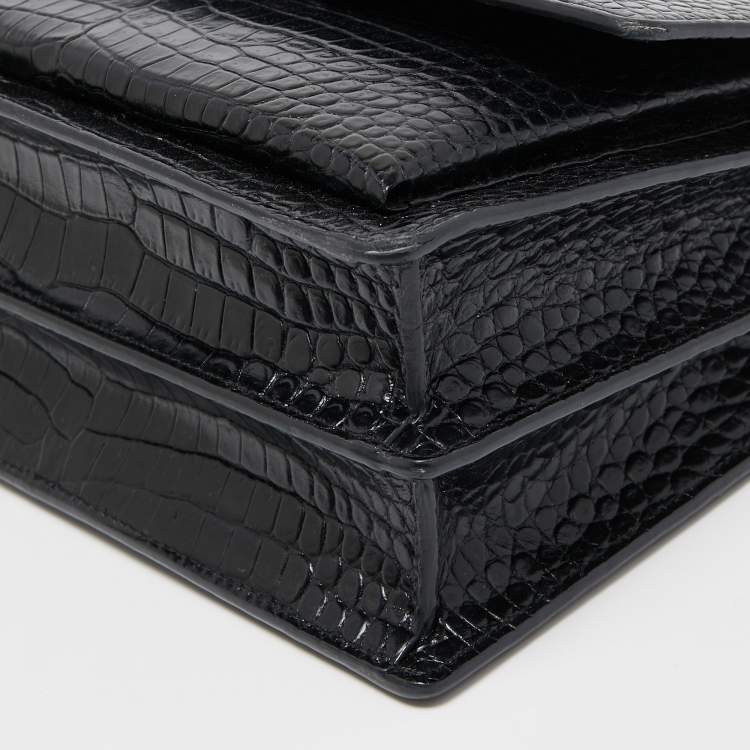 Pre Owned Saint Laurent Black Croc Embossed Leather Medium Sunset Shoulder Bag