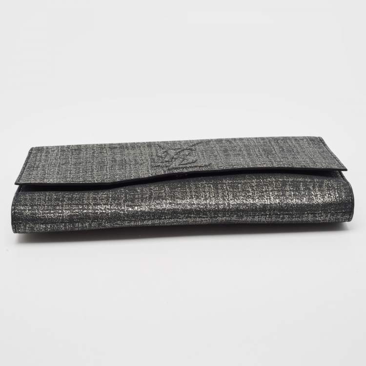 Pre Owned Saint Laurent Silver/Black Shimmering Canvas Belle De Jour Clutch