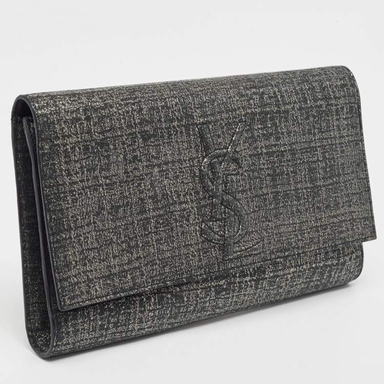 Pre Owned Saint Laurent Silver/Black Shimmering Canvas Belle De Jour Clutch