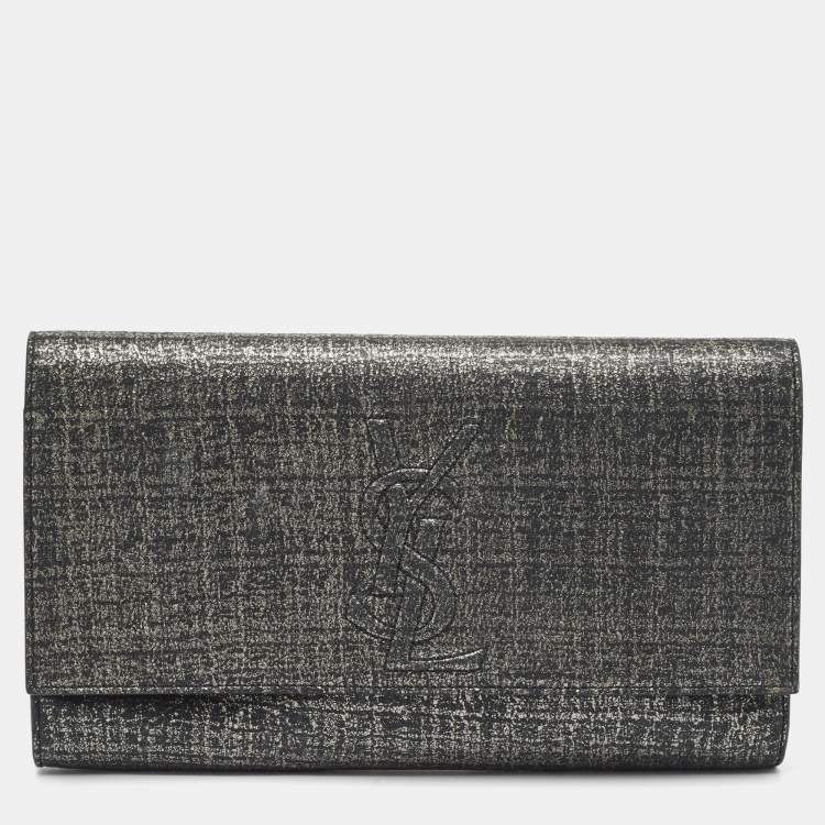 Pre Owned Saint Laurent Silver/Black Shimmering Canvas Belle De Jour Clutch
