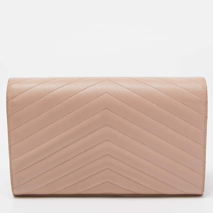 Pre Owned Saint Laurent Light Pink Matelassé Leather Cassandre Wallet on Chain