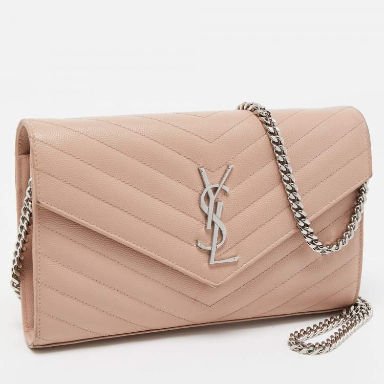 Pre Owned Saint Laurent Light Pink Matelassé Leather Cassandre Wallet on Chain