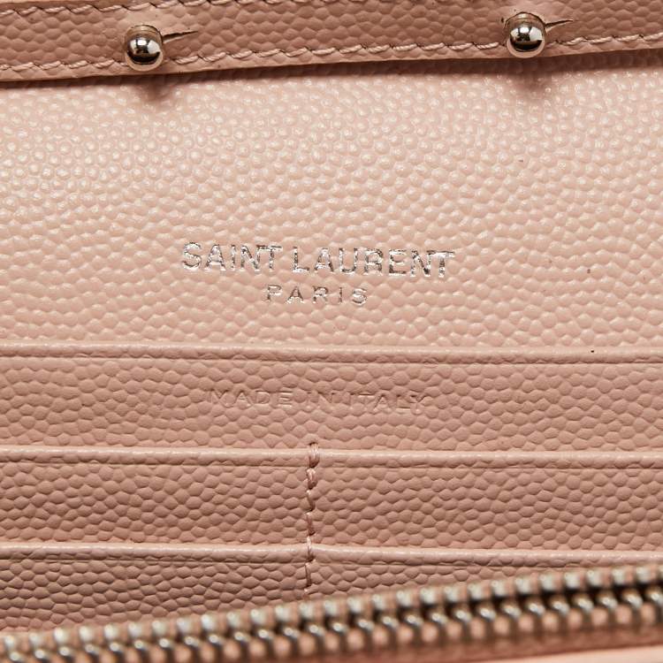 Pre Owned Saint Laurent Light Pink Matelassé Leather Cassandre Wallet on Chain