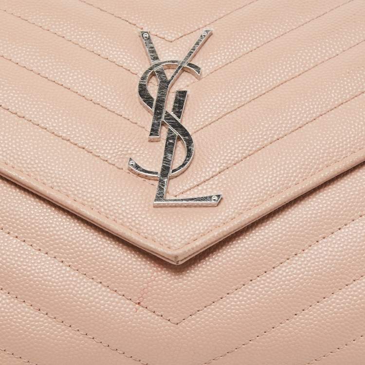 Pre Owned Saint Laurent Light Pink Matelassé Leather Cassandre Wallet on Chain