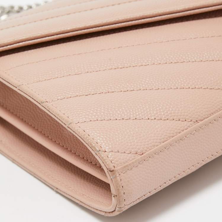 Pre Owned Saint Laurent Light Pink Matelassé Leather Cassandre Wallet on Chain
