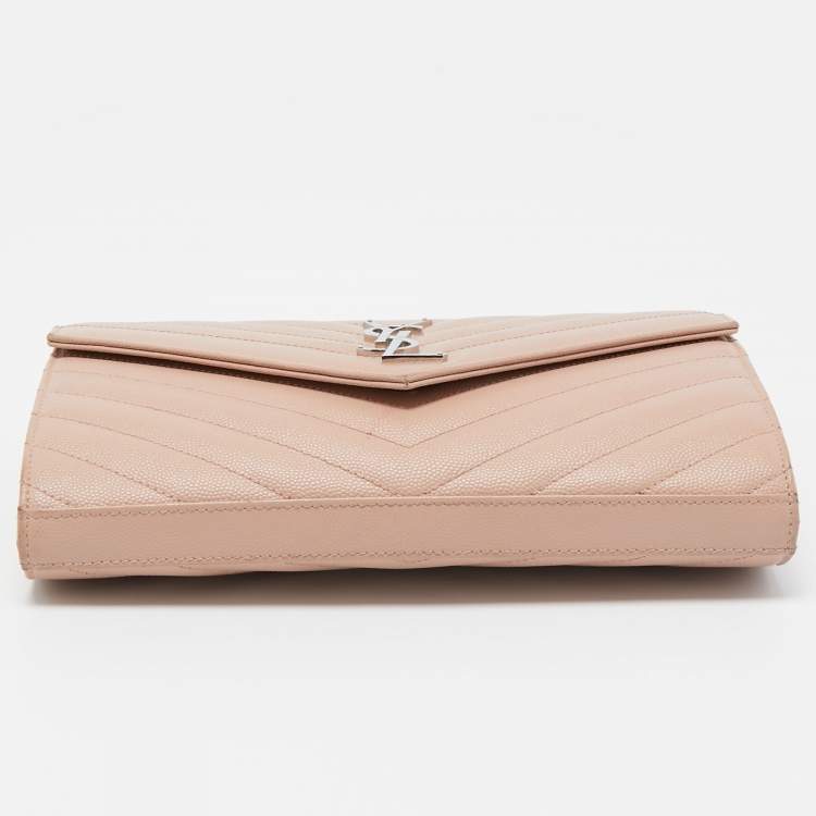 Pre Owned Saint Laurent Light Pink Matelassé Leather Cassandre Wallet on Chain