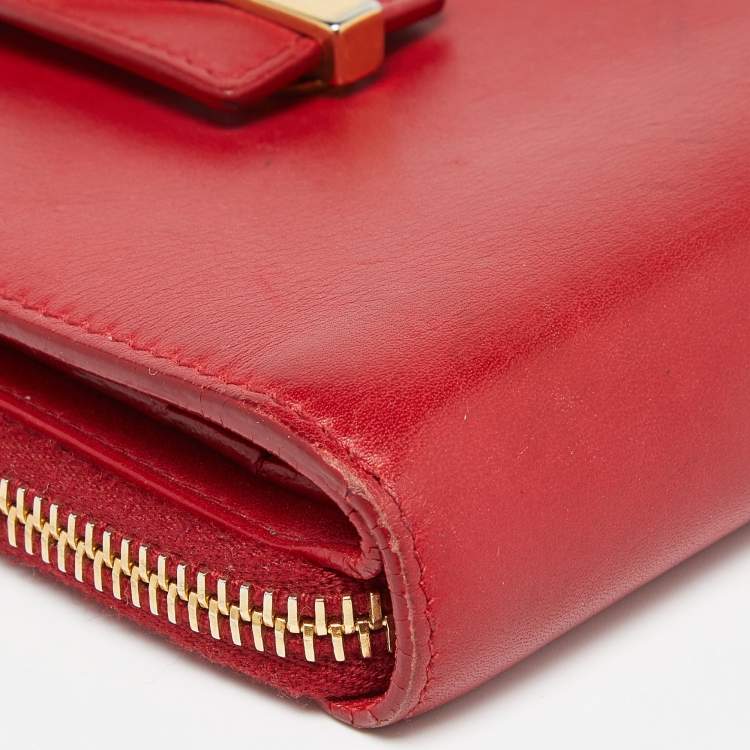 Pre Owned Saint Laurent Red Leather Y line Zip Compact Wallet